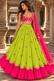 Gulnaar – Neon Lime & Rani Pink Embroidered Lehenga Set