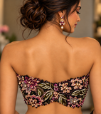Noir Bloom – Floral Embroidered Bustier & Draped Skirt Set