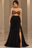 Noir Bloom – Floral Embroidered Bustier & Draped Skirt Set