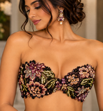 Noir Bloom – Floral Embroidered Bustier & Draped Skirt Set