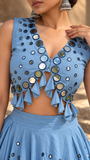 Azure Muse Mirror Work Denim Lehenga Set