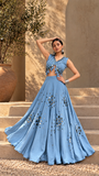 Azure Muse Mirror Work Denim Lehenga Set